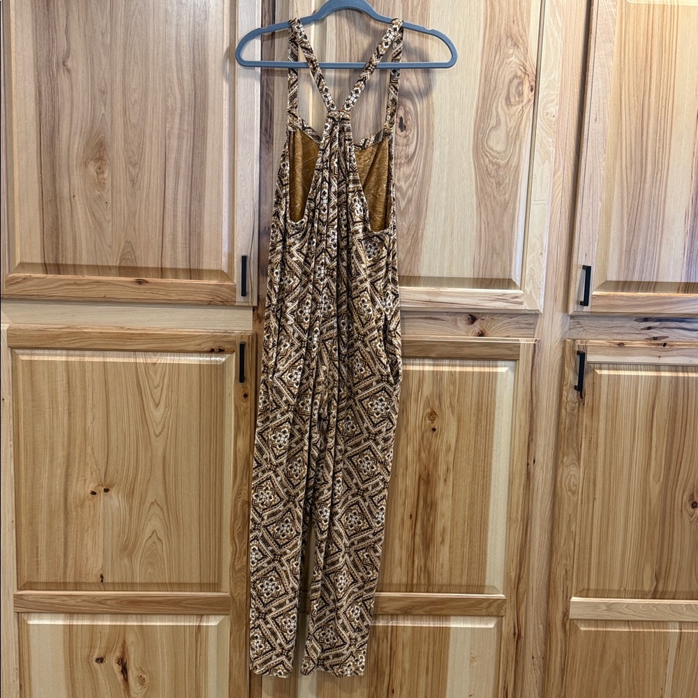 Known Supply Brown Cream Organic Cotton Geometric Print Boho Aztec Jumpsuit Sz M - Picture 7 of 16